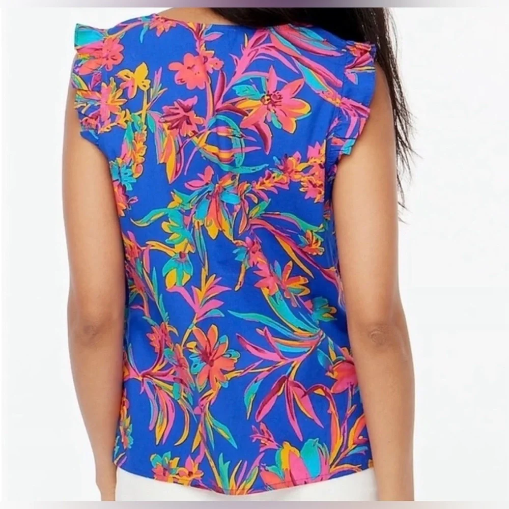 J Crew Bright blue and pink Tropical Floral Ruffle Sleeve cotton Top - Medium